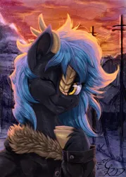 Size: 1113x1556 | Tagged: safe, artist:thatonegib, derpibooru import, oc, oc:evanescent gleam, unofficial characters only, kirin, bust, clothes, cloven hooves, digital art, digital painting, horns, image, jacket, jpeg, kirin oc, looking at you, one eye closed, painting, portrait, smiling, solo, sunset, unshorn fetlocks, wink, winking at you