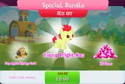 Size: 1268x858 | Tagged: safe, derpibooru import, official, bright mac, earth pony, pony, apple, bucket, bundle, bush, cart, colt, costs real money, english, foal, food, gameloft, gem, image, jpeg, male, mobile game, my little pony: magic princess, numbers, sale, solo, solo focus, stallion, text, wheel, young