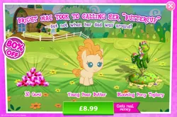 Size: 1962x1295 | Tagged: safe, derpibooru import, official, pear butter, earth pony, pony, advertisement, bush, costs real money, english, female, filly, flower, foal, gameloft, gem, image, jpeg, mare, mobile game, my little pony: magic princess, numbers, sale, solo, solo focus, text, young
