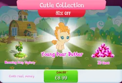 Size: 1268x861 | Tagged: safe, derpibooru import, official, pear butter, earth pony, pony, bundle, bush, costs real money, english, female, filly, flower, foal, gameloft, gem, image, jpeg, mare, mobile game, my little pony: magic princess, numbers, sale, solo, solo focus, text, young