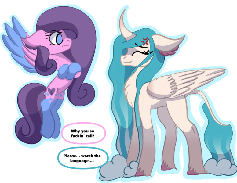 Size: 1047x810 | Tagged: safe, artist:brybrychan, derpibooru import, oc, unofficial characters only, alicorn, pony, alicorn oc, chest fluff, coat markings, cross-popping veins, crossed arms, dialogue, duo, emanata, flying, horn, image, png, simple background, smiling, socks (coat marking), transparent background, wings