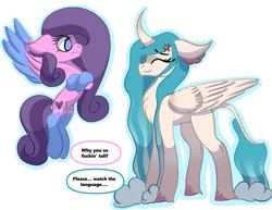 Size: 1047x810 | Tagged: safe, artist:brybrychan, derpibooru import, oc, unofficial characters only, alicorn, pony, alicorn oc, chest fluff, coat markings, cross-popping veins, crossed arms, dialogue, duo, emanata, flying, horn, image, png, simple background, smiling, socks (coat marking), transparent background, wings