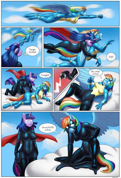 Size: 1280x1885 | Tagged: questionable, semi-grimdark, artist:syberfab, derpibooru import, rainbow dash, twilight sparkle, anthro, unguligrade anthro, comic:rise of the drone empire, ambush, bodysuit, boots, breasts, busty rainbow dash, busty twilight sparkle, cameltoe, cape, clothes, cloud, comic, commission, dialogue, drone, duo, duo female, erect nipples, featureless breasts, female, females only, fetish, gloves, goggles, hypnosis, image, jpeg, latex, latex boots, latex fetish, latex gloves, latex suit, living latex, midair, mind control, no pupils, ray gun, rubber, rubber boots, rubber gloves, rubber suit, shoes, shrunken pupils, sky, speech bubble, story included, surprised, tackle, thigh boots, tight clothing, uniform, wonderbolts uniform