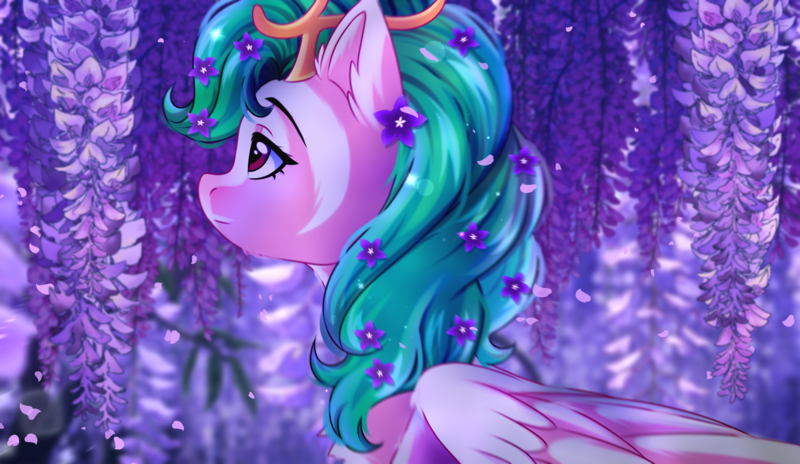 Size: 2500x1450 | Tagged: safe, artist:leah minik, derpibooru import, oc, oc:youmiko, unofficial characters only, pegasus, pony, antlers, bust, commission, ear fluff, female, flower, flower in hair, green mane, image, lilac, looking at something, mare, partially open wings, pegasus oc, png, red eyes, solo, wings