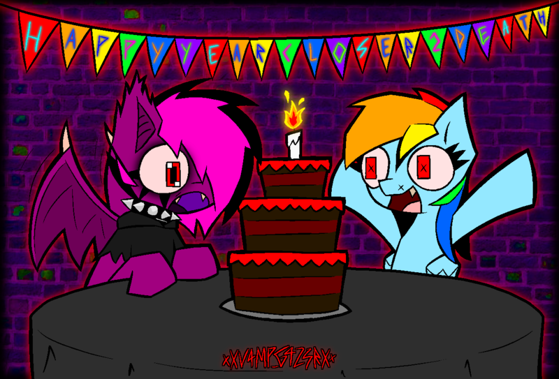 Size: 1262x856 | Tagged: safe, artist:xxv4mp_g4z3rxx, derpibooru import, rainbow dash, oc, oc:violet valium, bat pony, pegasus, pony, bat pony oc, bat wings, birthday, birthday cake, cake, candle, duo, food, image, open mouth, png, table, tablecloth, wings