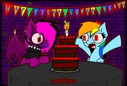 Size: 1262x856 | Tagged: safe, artist:xxv4mp_g4z3rxx, derpibooru import, rainbow dash, oc, oc:violet valium, bat pony, pegasus, pony, bat pony oc, bat wings, birthday, birthday cake, cake, candle, duo, food, image, open mouth, png, table, tablecloth, wings