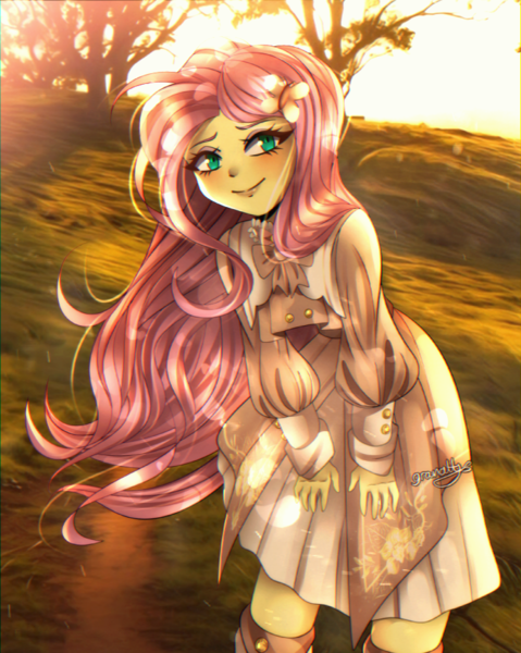 Size: 691x865 | Tagged: safe, artist:granatty, derpibooru import, fluttershy, equestria girls, clothes, dress, female, image, outdoors, png, smiling, solo