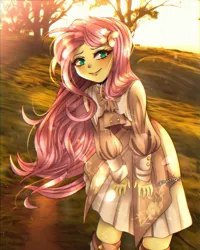Size: 691x865 | Tagged: safe, artist:granatty, derpibooru import, fluttershy, equestria girls, clothes, dress, female, image, outdoors, png, smiling, solo