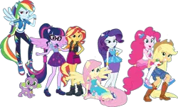 Size: 1027x619 | Tagged: safe, derpibooru import, applejack, fluttershy, pinkie pie, rainbow dash, rarity, sci-twi, spike, spike the regular dog, sunset shimmer, twilight sparkle, dog, human, equestria girls, equestria girls series, female, image, male, png, ponied up, ponytail, puppy, scitwilicorn, spike the dog, wings