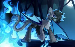 Size: 2048x1280 | Tagged: safe, artist:nathegar, derpibooru import, oc, oc:tonic, dracony, dragon, hybrid, accessories, blue eyes, blue fire, fire, forest, gas mask, glow, glowing eyes, image, jpeg, mask, night, solo, tree, wings