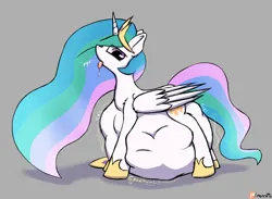 Size: 2418x1771 | Tagged: suggestive, artist:monycaalot, derpibooru import, princess celestia, alicorn, pony, belly, belly on floor, big belly, colored sketch, digestion, female, huge belly, image, jewelry, patreon, patreon reward, png, princess vorestia, regalia, sketch, stomach noise, tongue out, vore