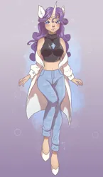Size: 1185x2048 | Tagged: safe, artist:brot-art, derpibooru import, rarity, human, belly button, breasts, clothes, coat, denim, eared humanization, female, flats, horn, horned humanization, humanized, image, jeans, jewelry, jpeg, midriff, necklace, pants, shoes, short shirt, sleeveless, sleeveless sweater, sleeveless turtleneck, solo, sweater