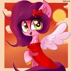 Size: 2048x2048 | Tagged: safe, artist:thebigstuff89, derpibooru import, pipp petals, pegasus, pony, alternate hairstyle, bow, clothes, dress, flamenco dress, g5, hair bow, heart, heart eyes, image, looking at you, open mouth, open smile, png, raised hoof, smiling, smiling at you, solo, sunset, wingding eyes, wings