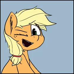 Size: 875x875 | Tagged: safe, artist:pinkberry, derpibooru import, applejack, pony, colored sketch, doodle, female, filly, filly applejack, foal, image, looking at you, one eye closed, png, sketch, smiling, tooth gap, wink, winking at you, younger