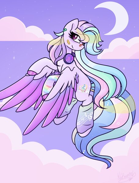 Size: 1554x2048 | Tagged: safe, artist:nathegar, derpibooru import, oc, unofficial characters only, pegasus, pony, bandaid, bandaid on nose, clothes, cloud, flying, headphones, image, jpeg, multicolored mane, multicolored tail, night, pegasus oc, socks, solo, tail, wings