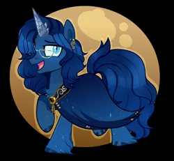 Size: 2048x1896 | Tagged: safe, artist:nathegar, derpibooru import, oc, unofficial characters only, pony, unicorn, base used, blue coat, blue eyes, blue mane, blue tail, cape, clothes, crystal horn, glasses, horn, image, jewelry, jpeg, moon, slit pupils, solo, tail, unicorn oc