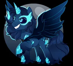 Size: 2048x1836 | Tagged: safe, artist:nathegar, derpibooru import, oc, unofficial characters only, alicorn, pony, base used, blue coat, blue mane, blue tail, crystal, crystal horn, evil grin, glow, glowing eyes, grin, horn, image, jpeg, moon, smiling, solo, spread wings, tail, wings