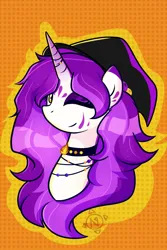 Size: 1000x1500 | Tagged: safe, artist:nathegar, derpibooru import, oc, unofficial characters only, pony, unicorn, accessories, bust, choker, eyeshadow, golden eyes, hat, horn, image, jpeg, makeup, one eye closed, purple mane, simple background, solo, unicorn oc, wink, witch hat