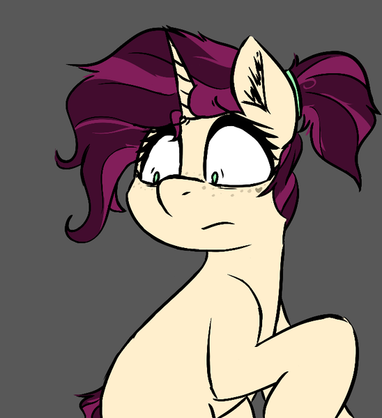 Size: 714x782 | Tagged: safe, artist:pinkberry, derpibooru import, oc, oc:mulberry merlot, pony, unicorn, bipedal, female, gray background, grossed out, image, mare, png, simple background, solo, worried