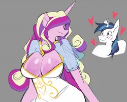 Size: 1280x1024 | Tagged: suggestive, artist:demonboypussy, derpibooru import, princess cadance, shining armor, alicorn, anthro, pony, unicorn, big breasts, blushing, breasts, busty princess cadance, cleavage, clothes, dress, duo, duo male and female, female, floating heart, gray background, hair over one eye, heart, image, jpeg, male, mare, shiningcadance, shipping, simple background, smiling, stallion, straight