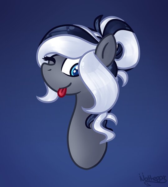 Size: 1800x2000 | Tagged: safe, artist:nathegar, derpibooru import, oc, unofficial characters only, earth pony, pony, :p, blue background, blue eyes, bust, earth pony oc, female, gray coat, image, jpeg, mare, one eye closed, simple background, solo, tongue out, two toned mane, wink