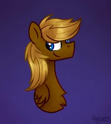 Size: 1800x2000 | Tagged: safe, artist:nathegar, derpibooru import, oc, unofficial characters only, pegasus, pony, blue eyes, brown coat, bust, image, jpeg, male, pegasus oc, purple background, simple background, smiling, solo, stallion, wings, yellow mane