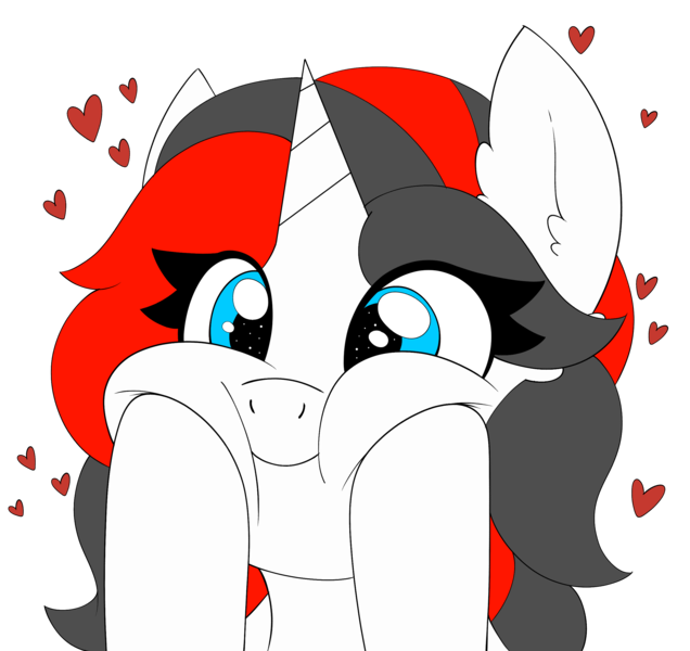 Size: 2600x2452 | Tagged: artist needed, safe, derpibooru import, oc, oc:starforce fireline, unofficial characters only, pony, unicorn, adorable face, blue eyes, cheek bulge, cheek squish, cute, eyelashes, female, floating heart, heart, hooves, horn, image, looking at something, mare, png, simple background, smiling, solo, squishy cheeks, transparent background, unicorn oc