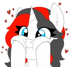 Size: 2600x2452 | Tagged: artist needed, safe, derpibooru import, oc, oc:starforce fireline, unofficial characters only, pony, unicorn, adorable face, blue eyes, cheek bulge, cheek squish, cute, eyelashes, female, floating heart, heart, hooves, horn, image, looking at something, mare, png, simple background, smiling, solo, squishy cheeks, transparent background, unicorn oc