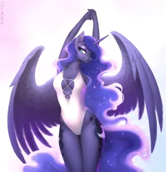Size: 1928x2000 | Tagged: safe, alternate version, artist:sparkling_light, derpibooru import, princess luna, anthro, clothes, curvy, hourglass figure, image, jpeg, one-piece swimsuit, simple background, solo, spread wings, stretching, stupid sexy princess luna, swimsuit, winged anthro, wings