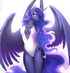 Size: 1637x1713 | Tagged: safe, alternate version, artist:sparkling_light, derpibooru import, princess luna, anthro, clothes, curvy, hourglass figure, image, jpeg, one-piece swimsuit, simple background, solo, spread wings, stretching, stupid sexy princess luna, swimsuit, winged anthro, wings