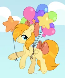 Size: 3400x4032 | Tagged: safe, artist:nathegar, derpibooru import, oc, oc:deliambre, unofficial characters only, pegasus, pony, balloon, base used, bow, cloud, female, flying, image, jpeg, mare, orange mane, orange tail, pegasus oc, sky, solo, tail, tail bow, wings, yellow coat