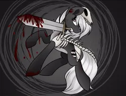 Size: 719x546 | Tagged: semi-grimdark, artist:nathegar, derpibooru import, oc, unofficial characters only, earth pony, pony, armor, black coat, blood, commission, earth pony oc, image, jpeg, mouth hold, simple background, skull, solo, sword, tail, weapon, white mane, white tail