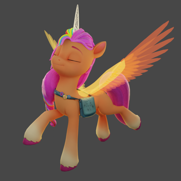 Size: 1920x1920 | Tagged: safe, derpibooru import, sunny starscout, alicorn, earth pony, pony, my little pony: a new generation, 3d, artificial horn, artificial wings, augmented, bag, blender, coat markings, cute, eyes closed, female, fluttershy's cutie mark, g5, gray background, happy, horn, image, magic, magic horn, magic wings, mare, png, race swap, rainbow dash's cutie mark, saddle bag, simple background, smiling, socks (coat marking), solo, sunnycorn, twilight sparkle's cutie mark, unshorn fetlocks, wings