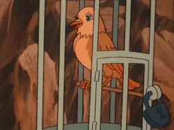 Size: 960x720 | Tagged: safe, derpibooru import, screencap, bird, my little pony 'n friends, somnambula (episode), birdcage, cage, canary, female, g1, image, kyrie, png, solo