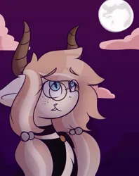 Size: 719x909 | Tagged: safe, artist:nathegar, derpibooru import, oc, unofficial characters only, pony, clothes, cloud, commission, fangs, female, glasses, horns, image, jpeg, looking up, mare, moon, night, round glasses, solo