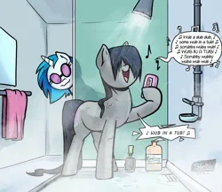 Size: 1657x1440 | Tagged: safe, artist:shieltar, derpibooru import, octavia melody, vinyl scratch, earth pony, pony, unicorn, bathroom, dialogue, duo, female, hair over eyes, image, jpeg, mare, music notes, open mouth, open smile, shower, showering, singing, smiling, soap, solo focus, speech bubble, sunglasses, towel, wet, wet mane, wub