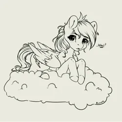Size: 4000x4000 | Tagged: safe, artist:miokomata, derpibooru import, rainbow dash, pegasus, pony, absurd resolution, cloud, female, grayscale, image, jpeg, lineart, looking at you, lying down, lying on a cloud, mare, monochrome, on a cloud, prone, simple background, talking to viewer, white background