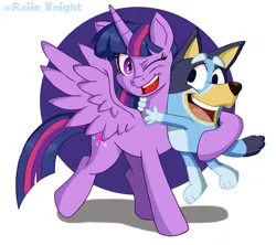 Size: 2016x1789 | Tagged: safe, artist:raiin_knight, derpibooru import, twilight sparkle, twilight sparkle (alicorn), alicorn, dog, pony, friendship is magic, bluey, crossover, female, hug, image, png, purple eyes