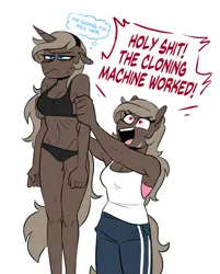 Size: 852x1060 | Tagged: safe, artist:redxbacon, derpibooru import, oc, oc:parch well, oc:securina, unofficial characters only, anthro, earth pony, unicorn, annoyed, bra, clothes, dialogue, facial scar, female, image, jpeg, panties, pants, ribs, scar, siblings, simple background, sisters, sweatpants, tanktop, twins, underwear, vulgar, white background