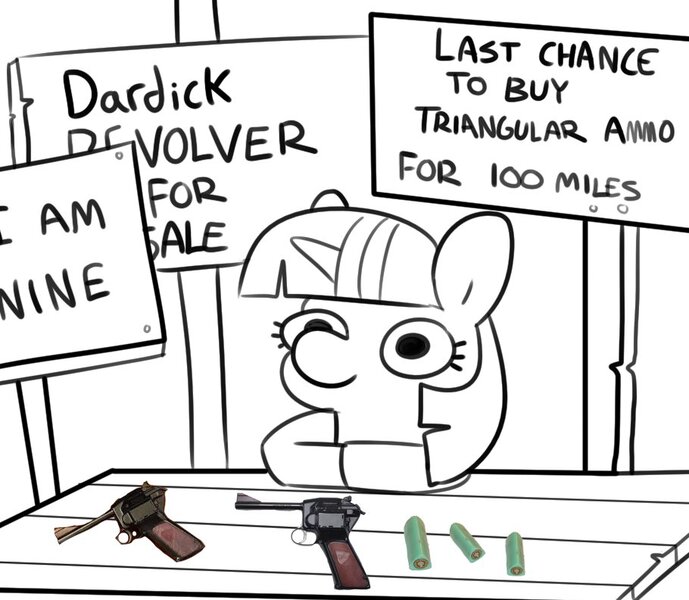 Size: 910x792 | Tagged: safe, artist:tjpones, derpibooru import, twilight sparkle, pony, unicorn, ammunition, black and white, female, filly, filly twilight sparkle, grayscale, gun, handgun, image, jpeg, monochrome, partial color, revolver, sign, simple background, solo, squatpony, text, twiggie, weapon, white background, younger