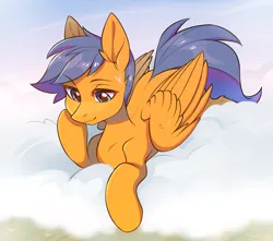 Size: 2528x2232 | Tagged: safe, artist:fensu-san, derpibooru import, oc, oc:cloudburst, unofficial characters only, pegasus, pony, blue hair, blue mane, blue tail, calm, cloud, folded wings, head in hooves, image, lying down, lying on a cloud, male, missing cutie mark, on a cloud, orange coat, orange fur, png, scar, signature, smiling, solo, stallion, wings