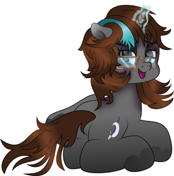 Size: 2216x2248 | Tagged: safe, artist:lincolnbrewsterfan, derpibooru import, oc, oc:metanagon, unofficial characters only, pony, unicorn, .svg available, aura, bedroom eyes, blue eyes, blue mane, brown mane, brown tail, butt, colored eyebrows, colored pupils, crescent moon, curled up, eyebrows, female, forelock, gift art, glasses, glow, glowing horn, gradient mane, gradient tail, high res, highlights, hoof heart, horn, image, inkscape, lidded eyes, looking at you, looking back, looking back at you, lying down, magic, magic aura, mane, mare, moon, movie accurate, one ear down, open mouth, open smile, pencil, plot, png, prone, raised leg, rear view, shading, simple background, sitting on person, smiling, smiling at you, spread hooves, striped mane, style emulation, tail, telekinesis, three quarter view, transparent background, underhoof, unicorn oc, vector