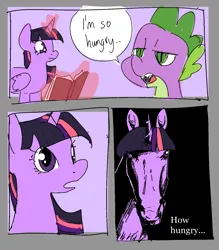 Size: 1280x1463 | Tagged: safe, artist:ecstasydemon, derpibooru import, spike, twilight sparkle, twilight sparkle (alicorn), alicorn, dragon, horse, pony, comic, dialogue, female, hoers, image, lidded eyes, magic, mare, meme, open mouth, png, ponified meme, speech bubble, telekinesis