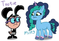 Size: 3066x2160 | Tagged: safe, derpibooru import, human, pony, unicorn, g5, my little pony: tell your tale, cartoon, character, crossover, digital art, digitizing art, duo, duo female, fanart, female, glasses, image, meeting, misty brightdawn, my little pony, png, text, the fairly oddparents, tootie