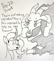 Size: 2551x2869 | Tagged: safe, artist:spoopygirl, derpibooru import, fhtng th§ ¿nsp§kbl, oleander (tfh), fanfic:cupcakes, them's fightin' herds, community related, female, image, jpeg, lineart, text, traditional art