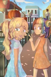 Size: 2000x3000 | Tagged: safe, artist:snowzaaah, derpibooru import, applejack, rainbow dash, human, alternate hairstyle, appledash, bridge, building, cheongsam, chinese new year, clothes, dress, duo, female, humanized, image, lamppost, lantern, lesbian, looking at you, lunar new year, petals, png, scenery, shipping