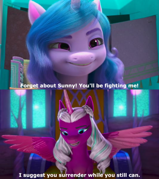 Size: 1280x1440 | Tagged: safe, derpibooru import, edit, edited screencap, editor:jaredking779, screencap, izzy moonbow, alicorn, pony, unicorn, my little pony: make your mark, my little pony: make your mark chapter 2, spoiler:g5, spoiler:my little pony: make your mark, spoiler:my little pony: make your mark chapter 2, spoiler:myms01e01, caption, female, g5, image, izzy does it, mare, opaline arcana, png, smiling, smirk, spread wings, text, wings