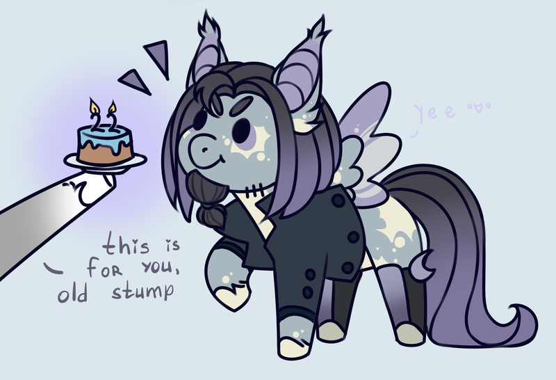 Size: 2573x1757 | Tagged: safe, artist:rico_chan, derpibooru import, oc, oc:adam paine, pegasus, pony, birthday, cake, chibi, food, image, offscreen character, png, postcard, sketch, solo