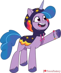 Size: 4000x4733 | Tagged: safe, artist:frownfactory, derpibooru import, izzy moonbow, pony, unicorn, my little pony: tell your tale, spoiler:g5, spoiler:my little pony: tell your tale, spoiler:tyts01e34, clothes, female, g5, hoodie, image, mare, open mouth, png, raised hoof, simple background, sneaksy, sneaksy strikes again, solo, transparent background, vector