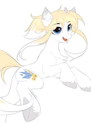 Size: 2300x3122 | Tagged: safe, artist:redchetgreen, derpibooru import, oc, unnamed oc, unofficial characters only, pony, unicorn, bangs, blue eyes, butt, chest fluff, colored, concave belly, ear fluff, ear markings, eyebrows, eyebrows visible through hair, eyelashes, flat colors, head turn, head turned, high res, hoof fluff, hooves, horn, horn markings, image, leg fluff, long bangs, looking forward, open mouth, open smile, plot, png, short horn, side view, sidebangs, signature, simple background, slim, smiling, solo, tail, teeth, thin, two toned mane, two toned tail, underhoof, unicorn oc, unshorn fetlocks, white background, white coat, wind, windswept mane